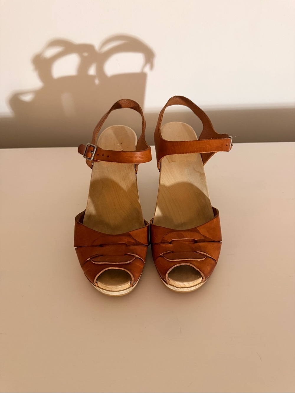 Swedish Hasbeens - tan, peep toe heels size 37/ 7.